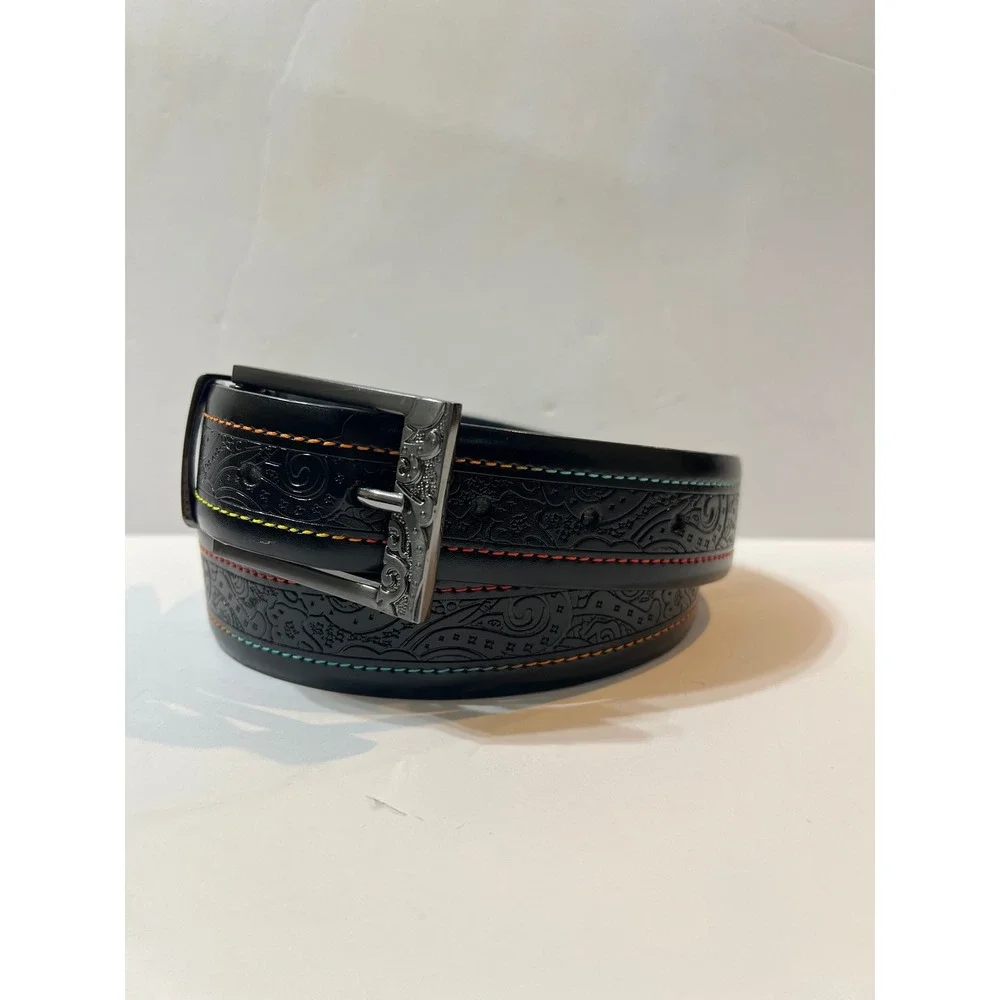 Robert Graham Mens Black Leather Paisley Embossed Belt Rainbow Stitch Size 32